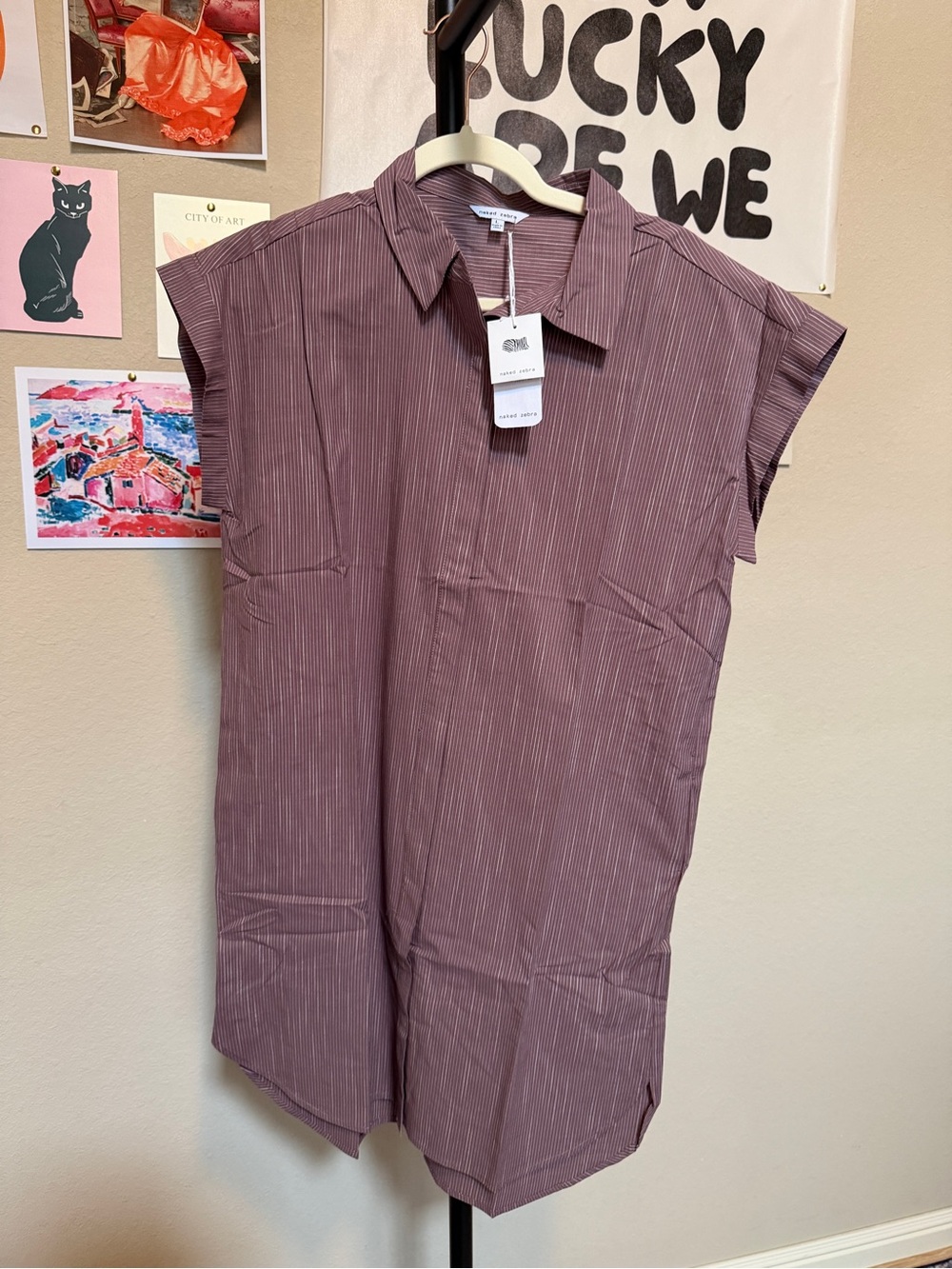 NWT Naked Zebra Mauve Pinstripe Cap Sleeve Shirt Dress Large